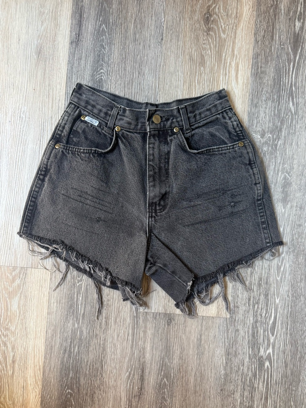 Vintage chic Black Frayed High-Rise Denim Shorts Size 24 High Rise